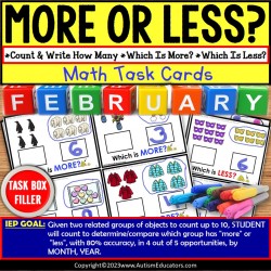 Comparing Numbers MORE or LESS Than FEBRUARY Task Box Filler Special Education